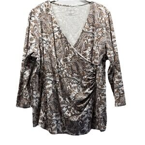 Talbots Women's Top Size XL Brown Paisley Faux Wrap 3/4 Sleeve Stretch Pullover